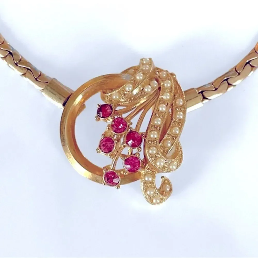 Vintage Pink Rhinestone & Pearl Gold Collar Necklace